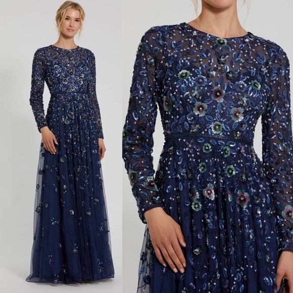 Mac Duggal NEW Navy Embellished High Neck Long Sleeve A Line Gown $798 - Size 4 - Picture 1 of 14